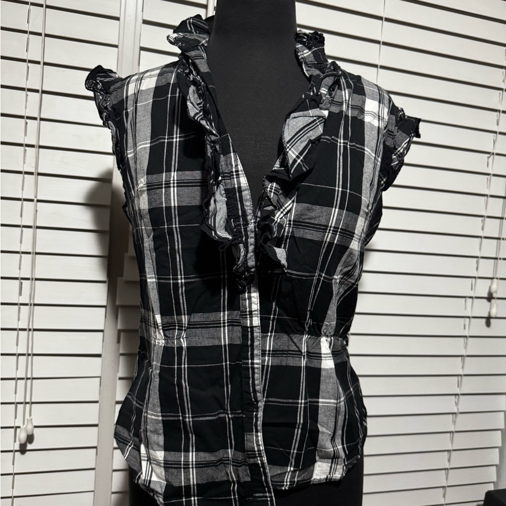 Rainbow Black and White Checkered Ruffle Blouse
